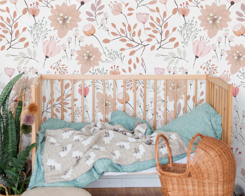 Kids Soft Light Pink / Blue Wildflowers Floral Pattern Wallpaper Mural