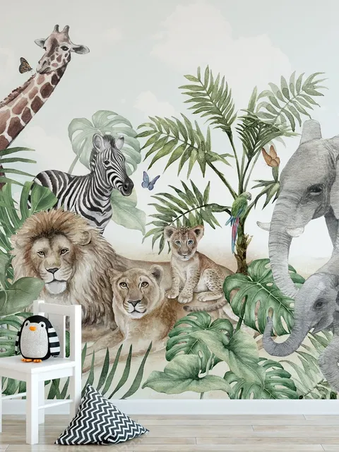 Kids Tropical Animals with Leafs Wallpaper Mural
