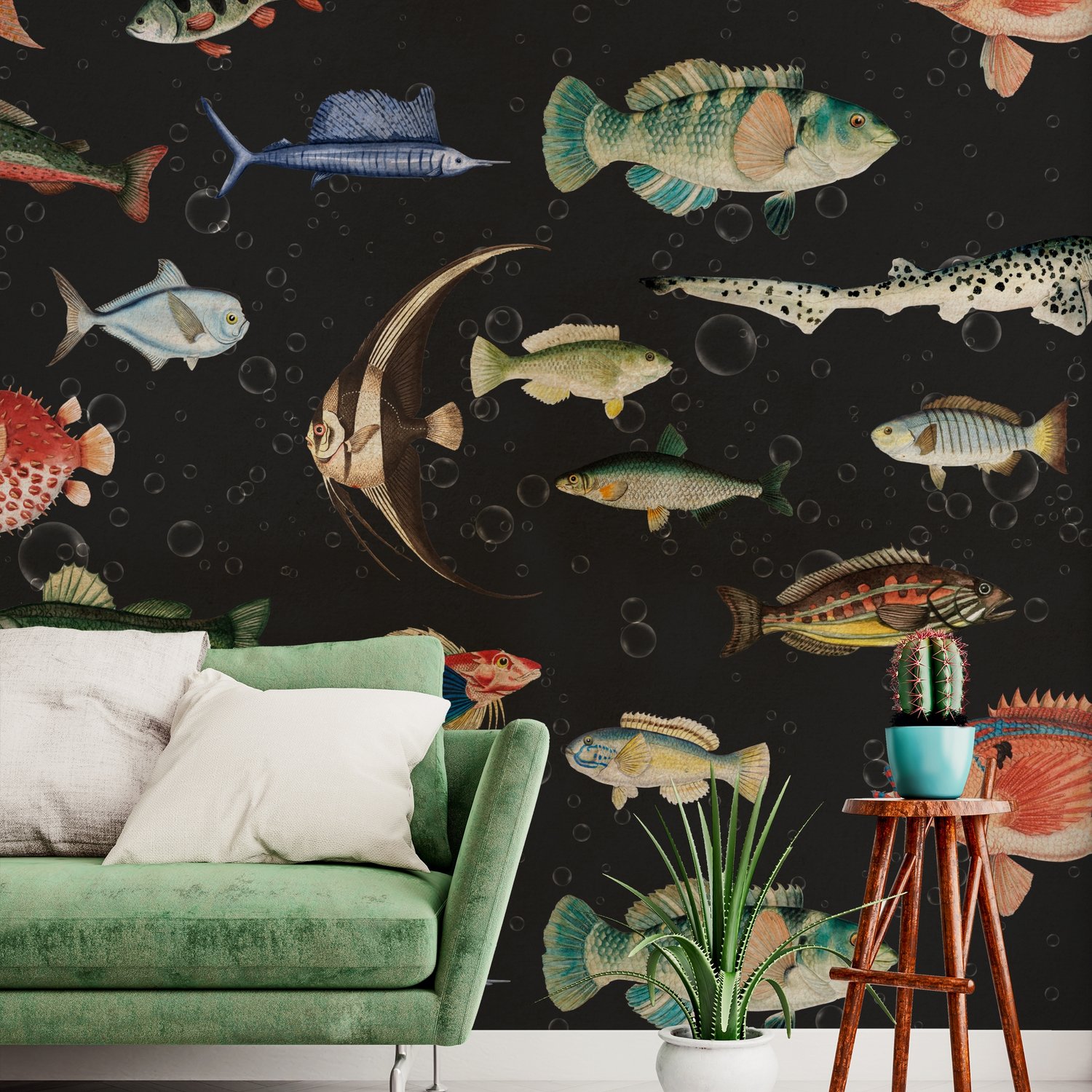 Vintage Ocean Fish Art Wallpaper Mural - Peel and Stick