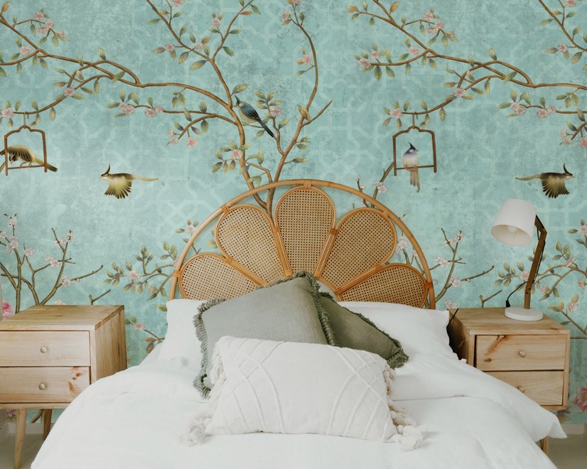 Papier peint panoramique vintage avec fleurs et oiseaux
