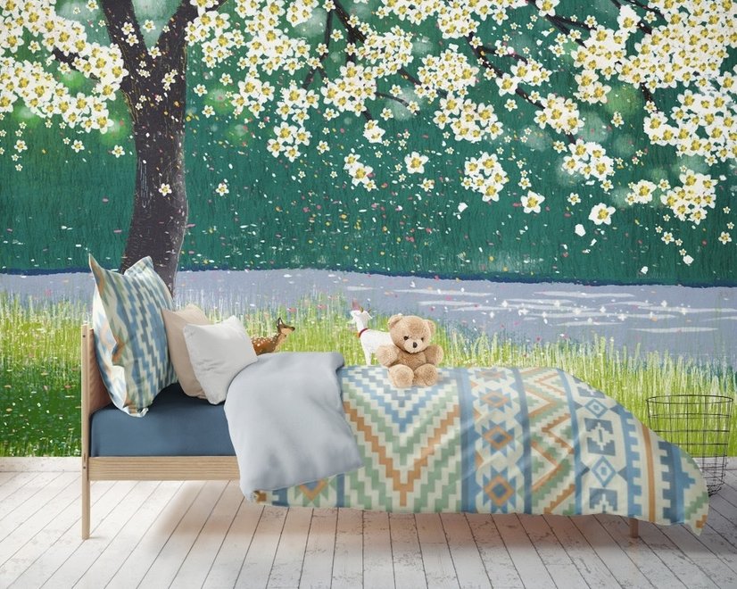 Papier peint panoramique forêt aquarelle et fleurs de pêcher