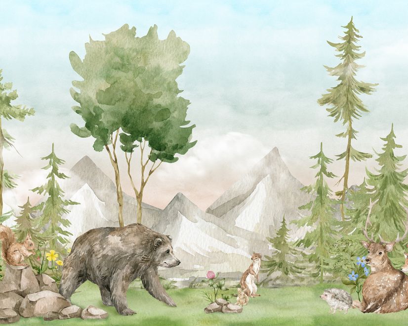 Papier peint forêt conifères aquarelle avec animaux pour enfants