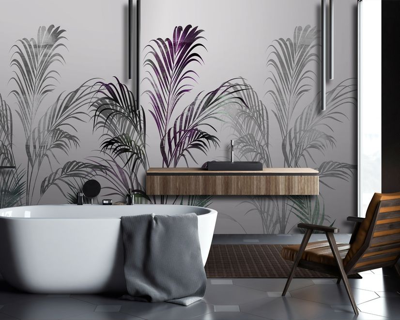Tropical Fresh Purple Green Palm Leaves Wallpaper Mural