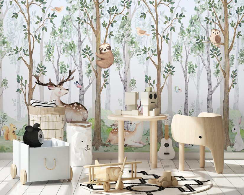 Kinderzimmer Niedliche Tiere im Wald Aquarell Fototapeten