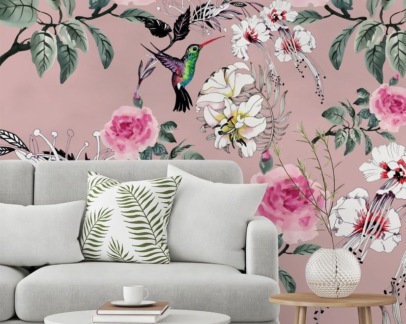 Vintage Pink Floral with Little Birds Wallpaper Mural