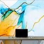 Blue Yellow Watercolor Brush with Modern Lines Wallpaper Mural