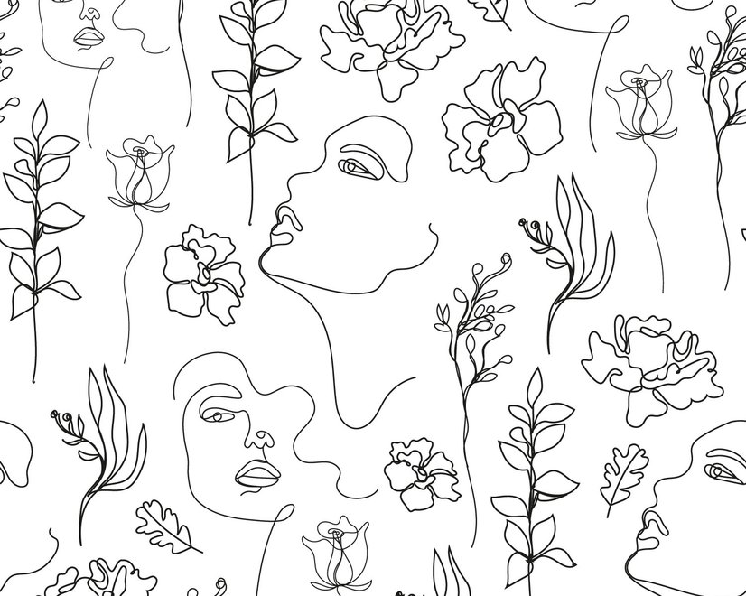 Sanfte Frauenfigur mit floraler Zeichnung Line Art Fototapete