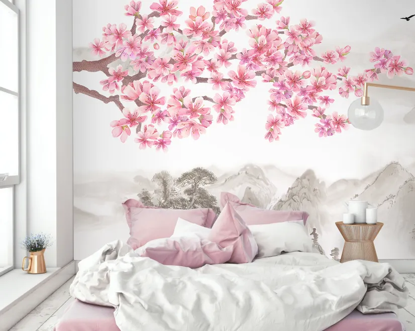 Cherry Blossom with Mountain Landscape Wallpaper Mural