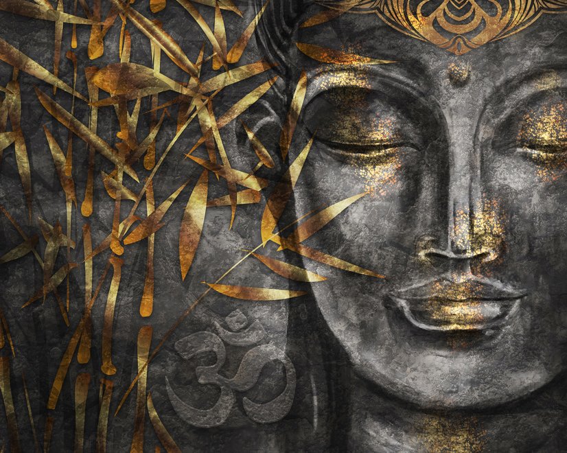 3D-Look Wandtapete mit Beton-Buddha-Gesicht und Blättern