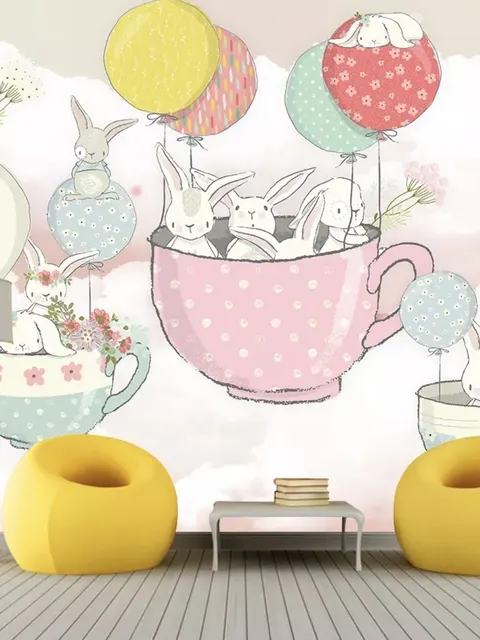 Rabbit Flying in the Cups with Baloon Wallpaper Mural