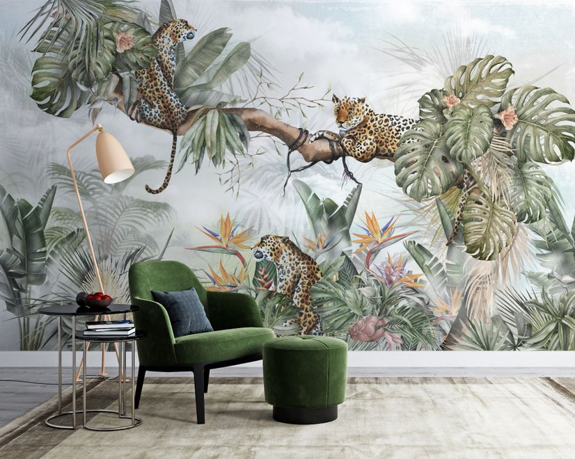 Papier peint léopards feuilles tropicales