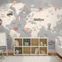 Vintage Kids World Map with Aircraft and Hot Air Balloon Wallpaper Mural