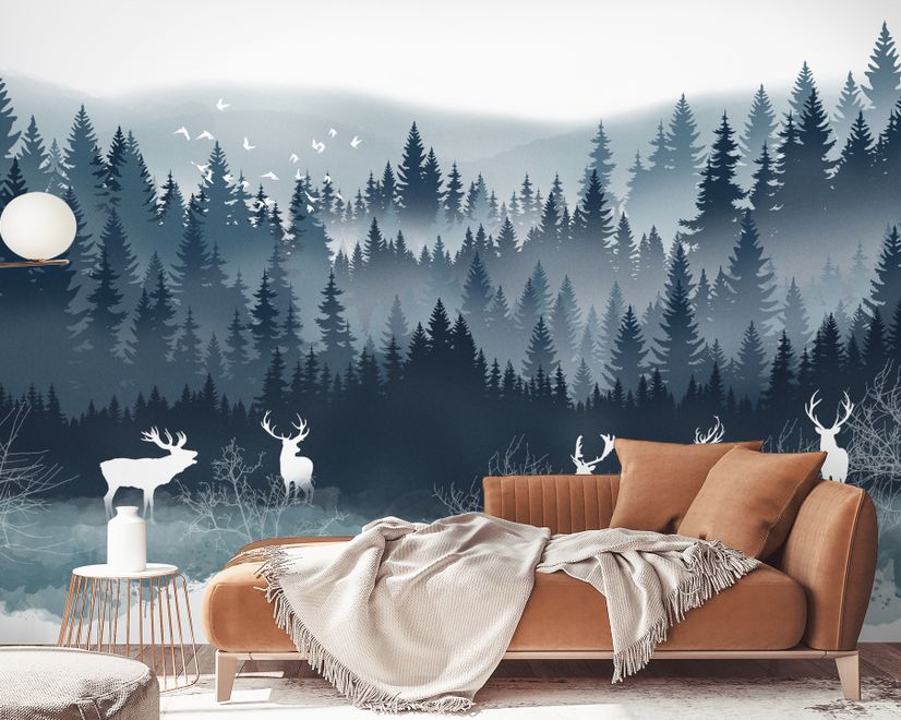 Misty Forest Landscape and Horned Deer Wallpaper Mural