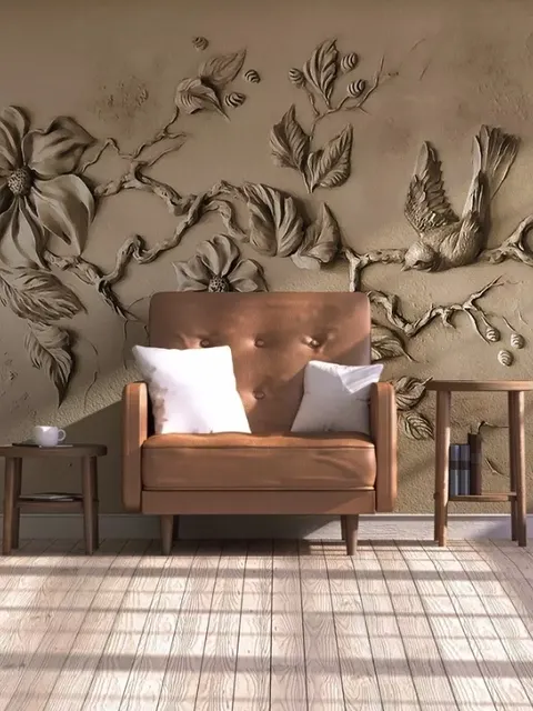 3D Embossed Look Cement Floral Tree Wallpaper Mural