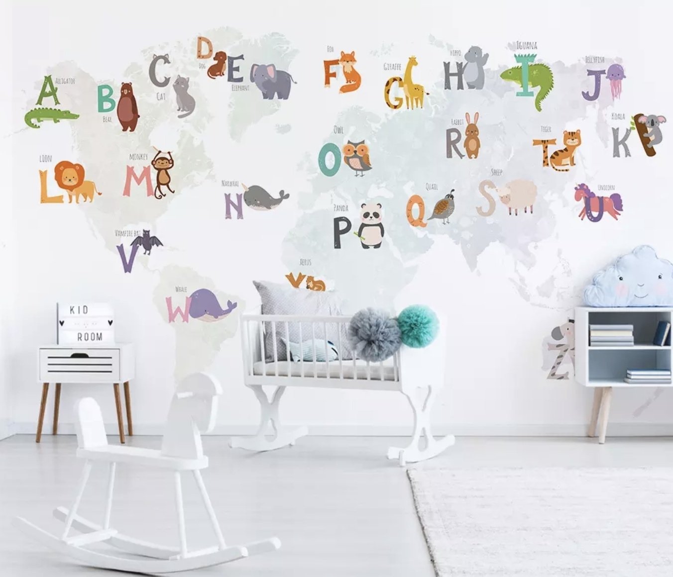 Kids Alphabet World Map with Cartoon Animals Wallpaper Mural - Peel and Stick