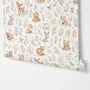 Woodland nursery wallpaper pattern with watercolour fawns, fox cubs, rabbits, teddy bears, birds and ducklings on cream