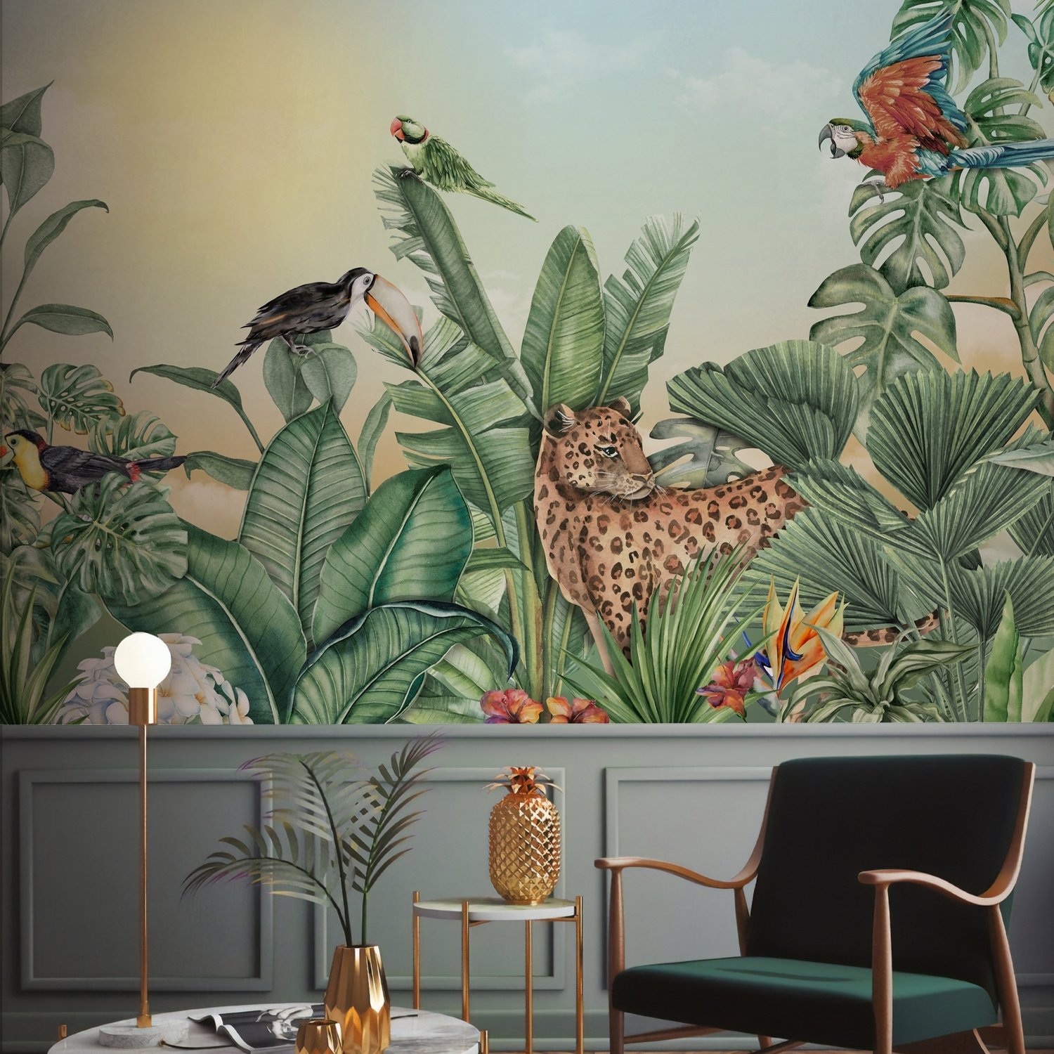 Leopard and Colorful Parrot in the Tropical Forest Wallpaper Mural - Peel and Stick