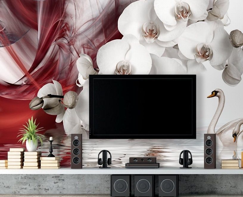 Swan and White Orchid with Red Smoke Pattern Wallpaper Mural