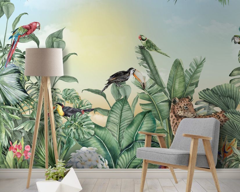 Leopard and Colorful Parrot in the Tropical Forest Wallpaper Mural