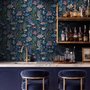 Aquarium fish tank wallpaper repeat with tropical fish, coral, seaweed, shells and bubbles on deep navy blue
