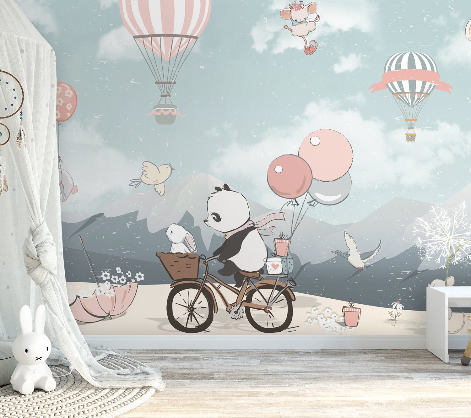 Kids Cute Panda Bicycle with Hot Air Balloon Wallpaper Mural - Peel and Stick