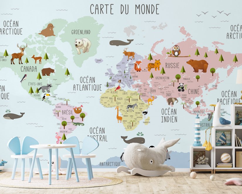  Carte éducatif en Français - Papier peint carte du monde éducative avec animaux pour enfants et bébé