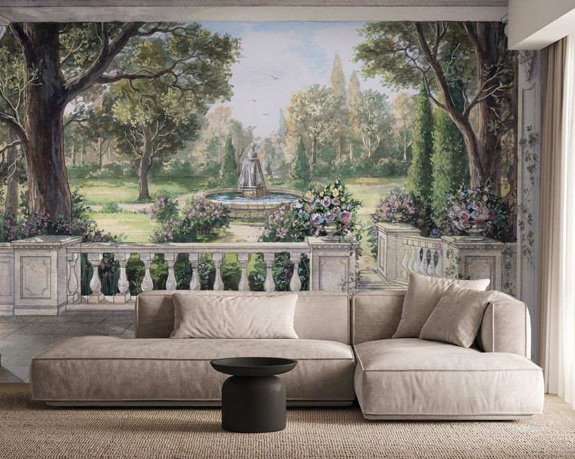 Soft Drawing Forest with Marble Fountain Wallpaper Mural
