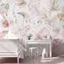 Papier peint art flamant doux avec boho tropical à feuilles