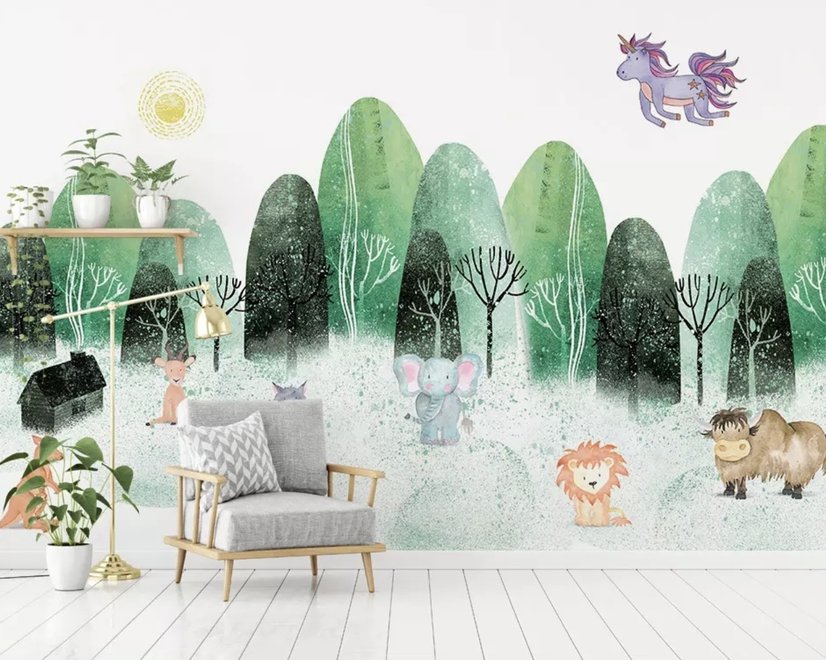 Aquarell Cartoon Bäume und Tiere Fototapete