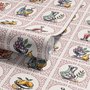 Bar wallpaper with cream tile grid, dusty rose arches, illustrated wine bottles, fruit and café still lifes
