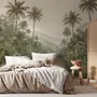 Misty tropical forest wallpaper with palms, pale river and hazy hills in muted green sepia
