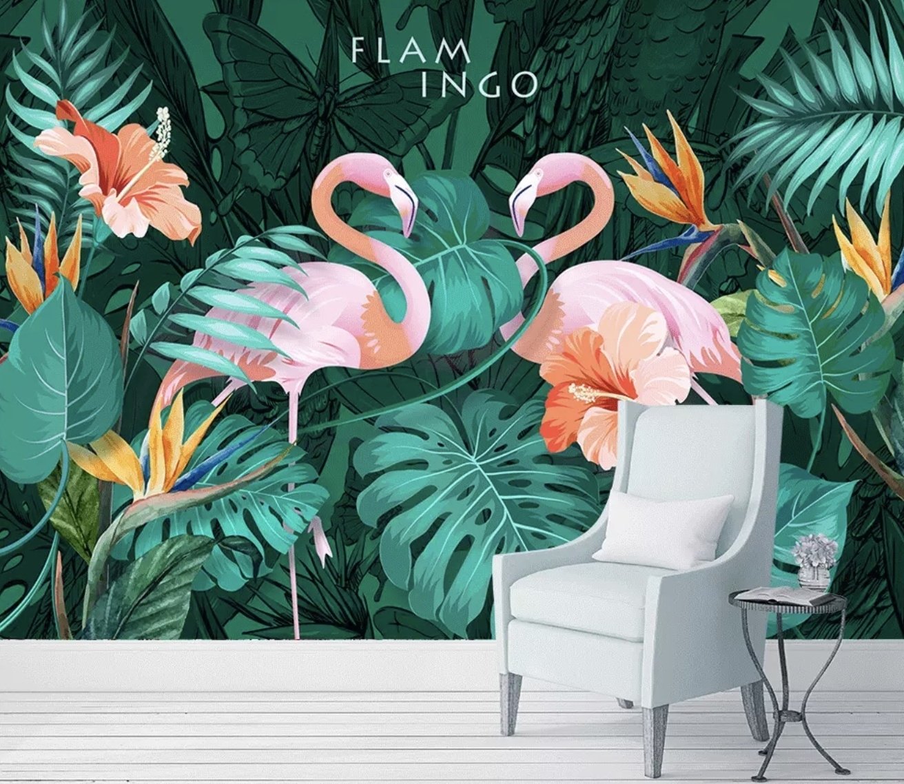 Coral and Pink Flamingo with Tropical Leafy Wallpaper Mural - Peel and Stick