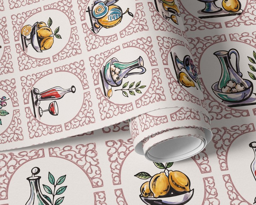 Bar wallpaper with cream tile grid, dusty rose arches, illustrated wine bottles, fruit and café still lifes
