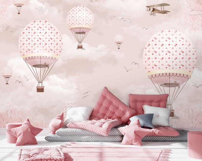 Papier peint panoramique du ciel rose des montgolfières et des avions pour les enfants et les filles
