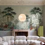 Vintage forest wallpaper mural with blue-grey trees, ivory blossom, red plants and toadstools around a misty path
