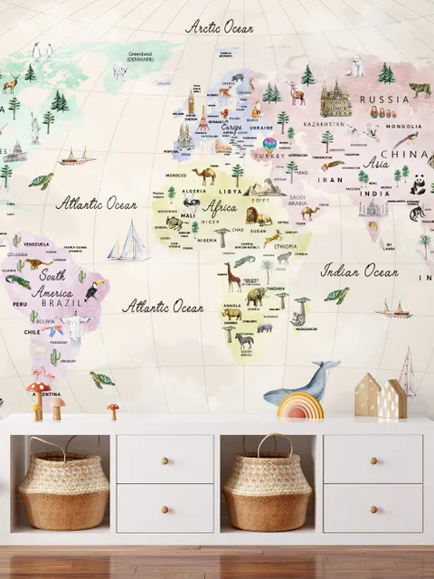 Papier peint panoramique éducatif de cartes du monde des enfants