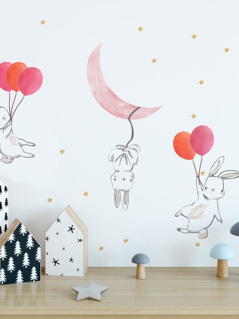 Stickers muraux lapins cartoon ballons colorés lune enfants