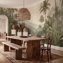 Misty tropical forest wallpaper with palms, pale river and hazy hills in muted green sepia