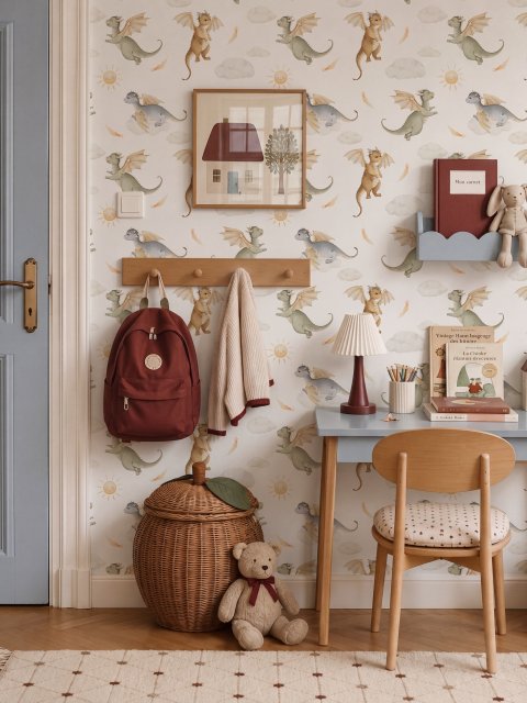 Kids wallpaper with sage, caramel and blue-gray watercolor dragons, clouds, sun and stars on white
