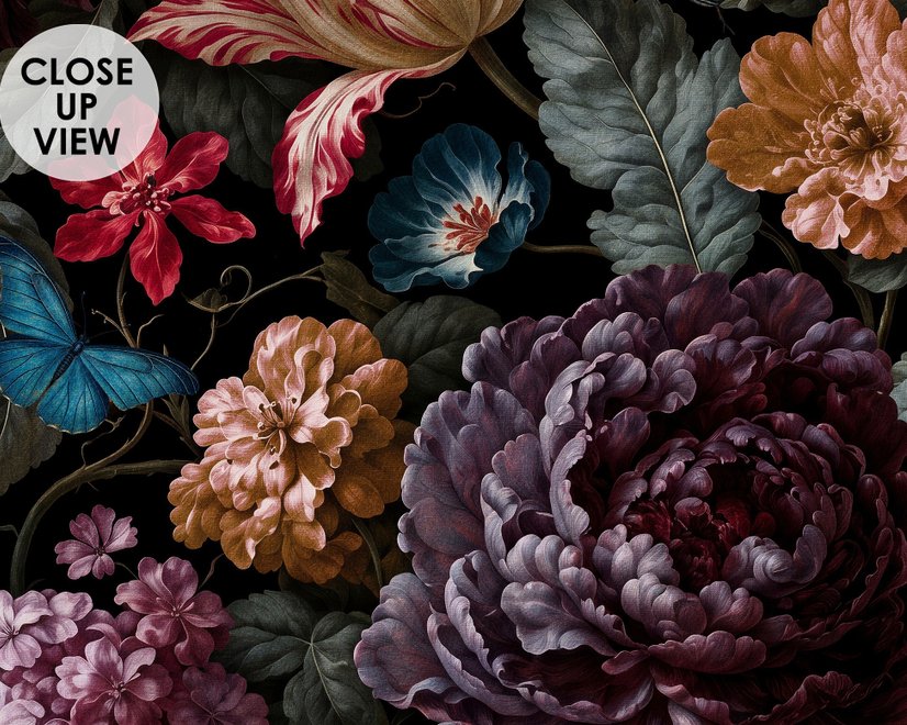 Vintage peony wallpaper mural with plum, blush and ivory flowers, dark foliage and small hummingbirds