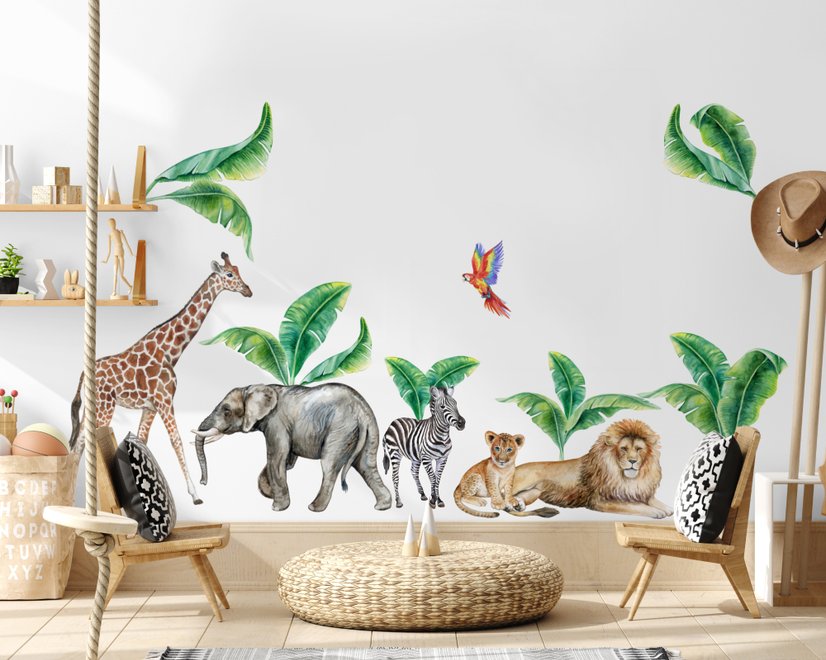 Kinder Aquarell Safari Tiere mit Bananenblättern Wandtattoo
