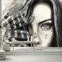 Monochrome Portrait Girl with Black Feathers Wallpaper Mural