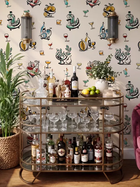 Bar area wallpaper with hand drawn cocktails, liquor bottles, citrus and fruit bowls on warm cream