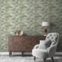 Bamboo oil painting wallpaper with olive leaves and ochre canes on a soft blue-grey ground