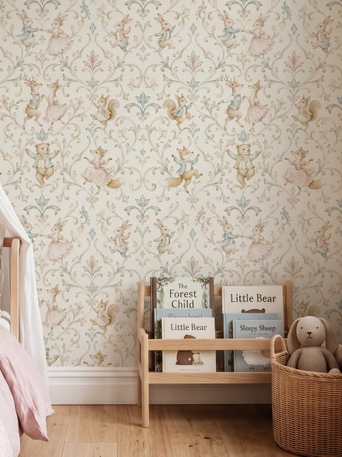 Cute rabbits wallpaper with woodland animals, white birds and acanthus scrolls on an ivory cream ground
