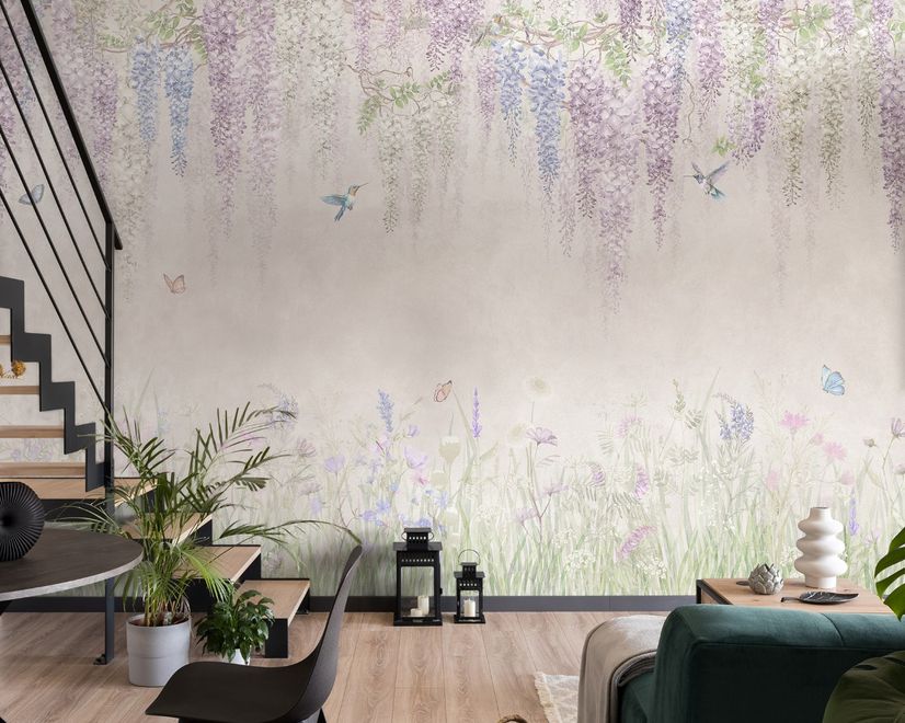 Watercolor Hanging Wisteria Flowers with Hummingbirds Wallpaper Mural 