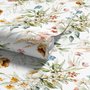 Watercolour floral wallpaper with sage leaves, blush and ochre flowers on a white ground