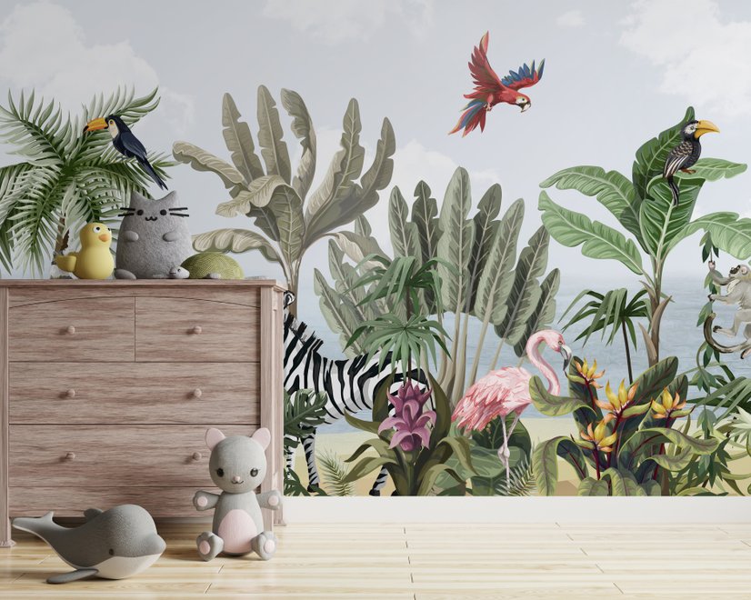 Papier peint panoramique de la jungle des enfants avec des animaux exotiques