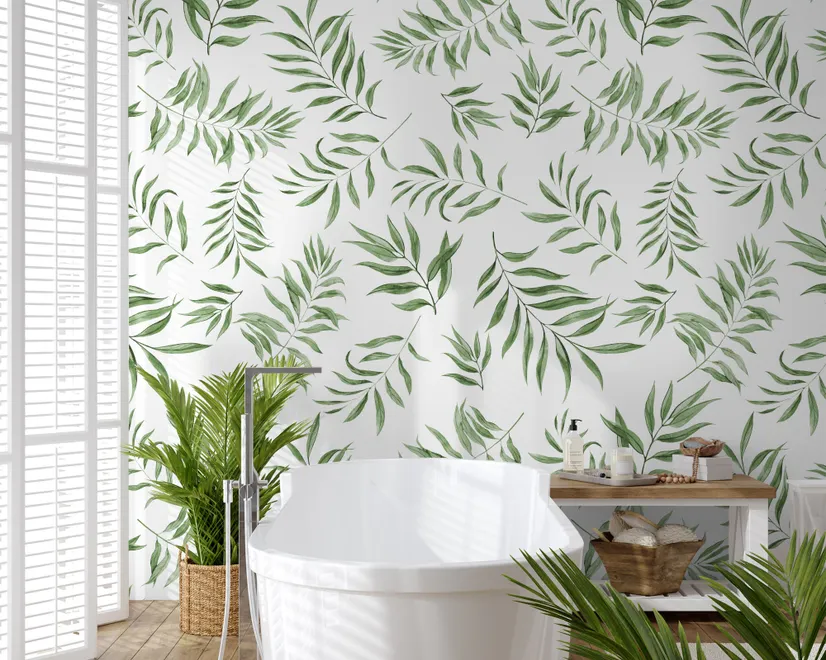 Papier peint motif feuilles palmier vert aquarelle