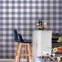 Blue and red plaid wallpaper with denim blue, cream and sky blue woven checks and fine red stripes
